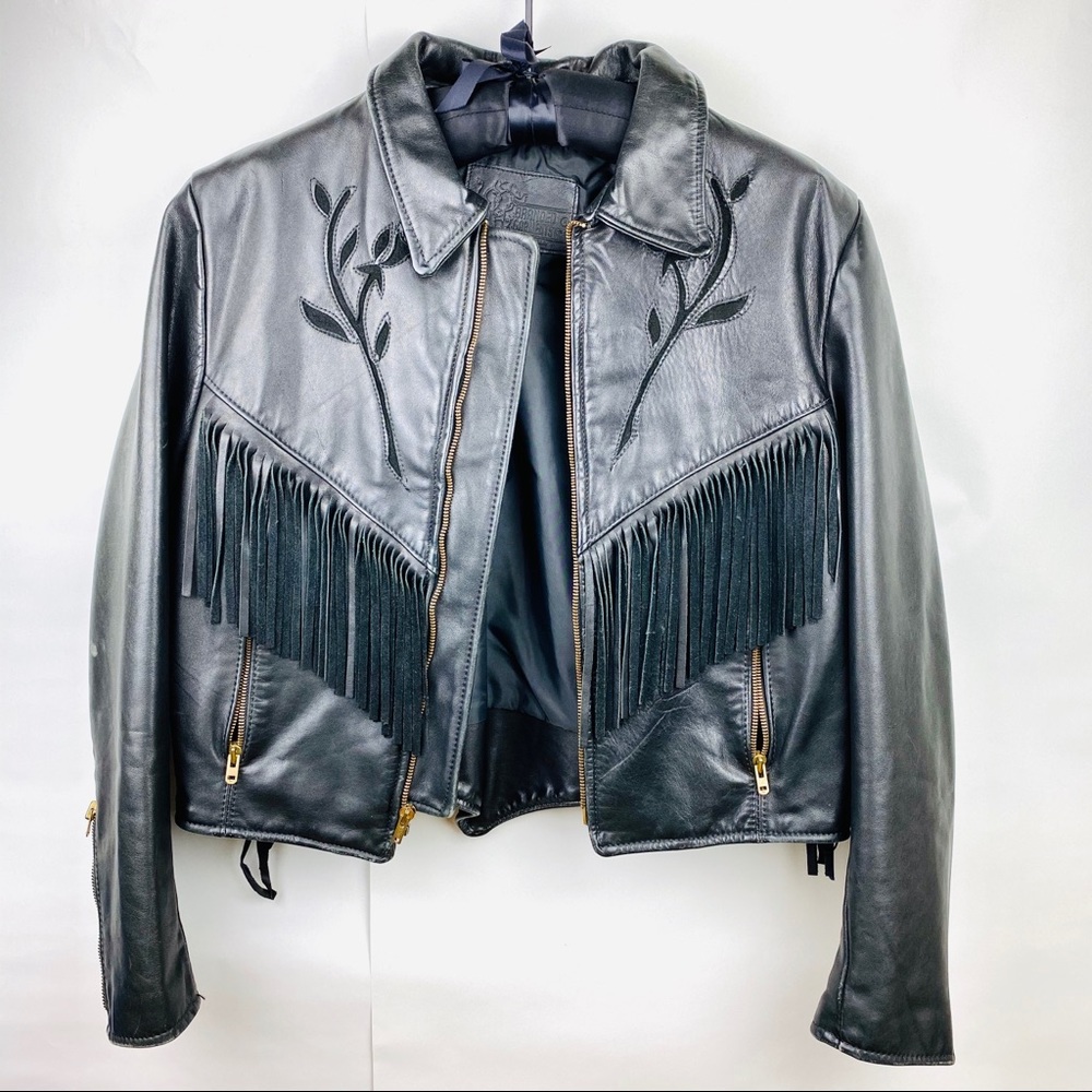 Vintage S Leather Jacket Biker Fringe Black Roses